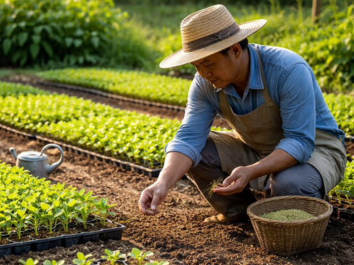 The farmer is tending the seedlings and sowing the seeds